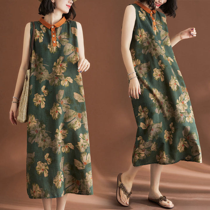 Buddha Stones Casual Sleeveless Flower Printed Button Cotton Linen Midi Dress