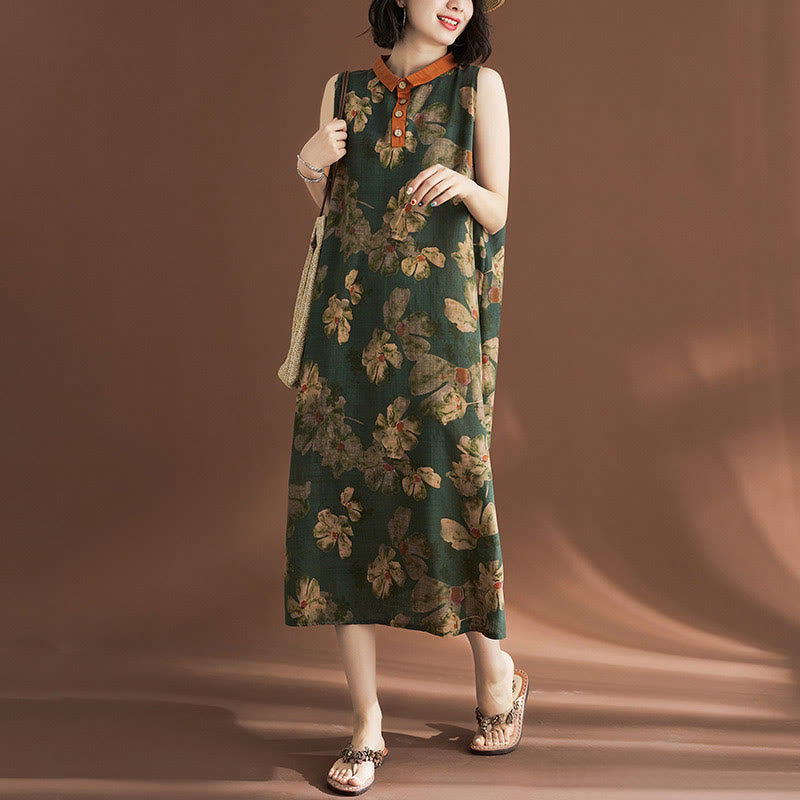 Buddha Stones Casual Sleeveless Flower Printed Button Cotton Linen Midi Dress