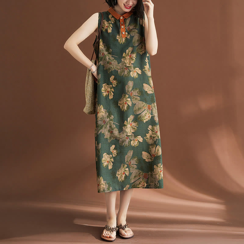 Buddha Stones Casual Sleeveless Flower Printed Button Cotton Linen Midi Dress