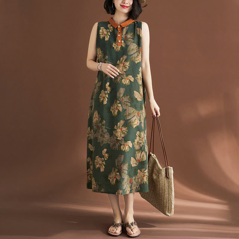 Buddha Stones Casual Sleeveless Flower Printed Button Cotton Linen Midi Dress