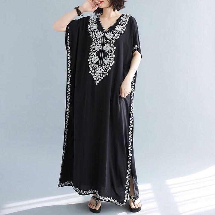 Buddha Stones Summer Embroidery Flower V-Neck Short Sleeve Maxi Dress - image 3