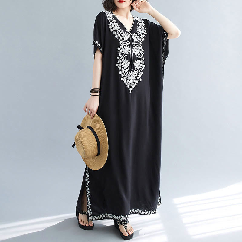 Buddha Stones Summer Embroidery Flower V-Neck Short Sleeve Maxi Dress - image 8