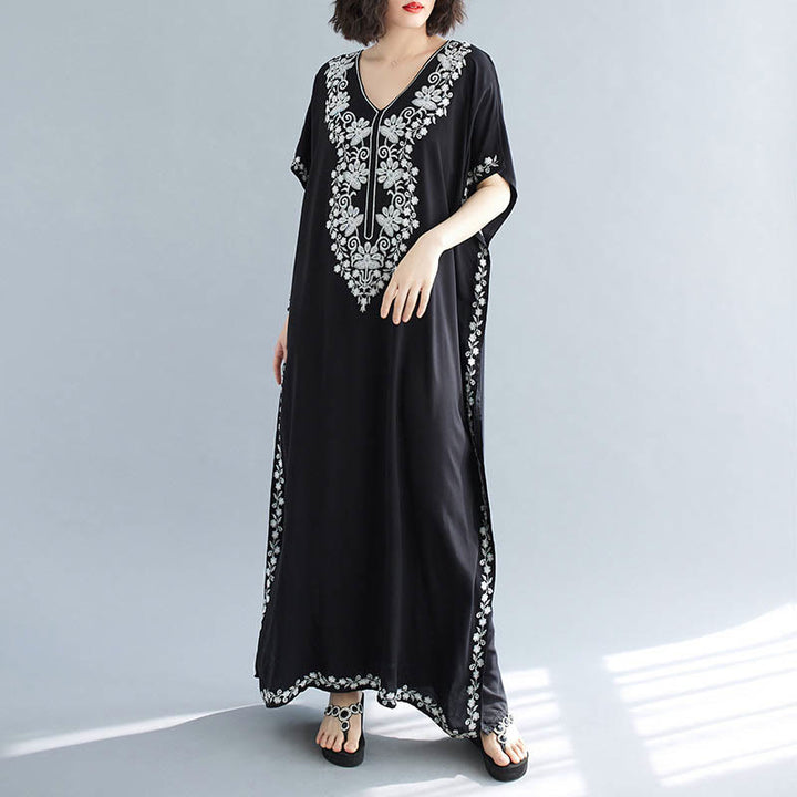 Buddha Stones Summer Embroidery Flower V-Neck Short Sleeve Maxi Dress - image 9