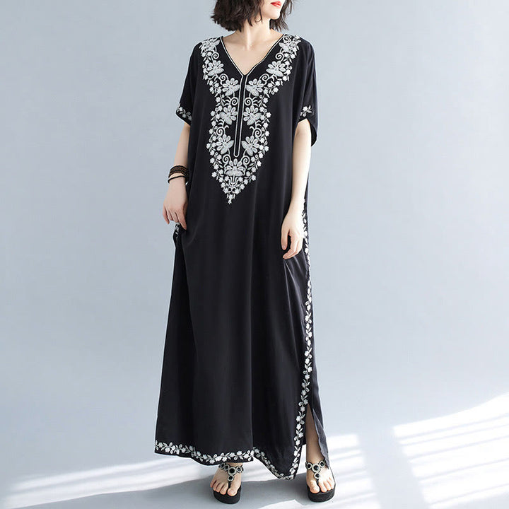 Buddha Stones Summer Embroidery Flower V-Neck Short Sleeve Maxi Dress - F(Fit for US4-14; UK/AU8-18; EU36-46) - image 0