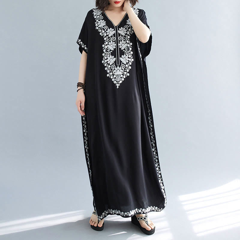 Buddha Stones Summer Embroidery Flower V-Neck Short Sleeve Maxi Dress