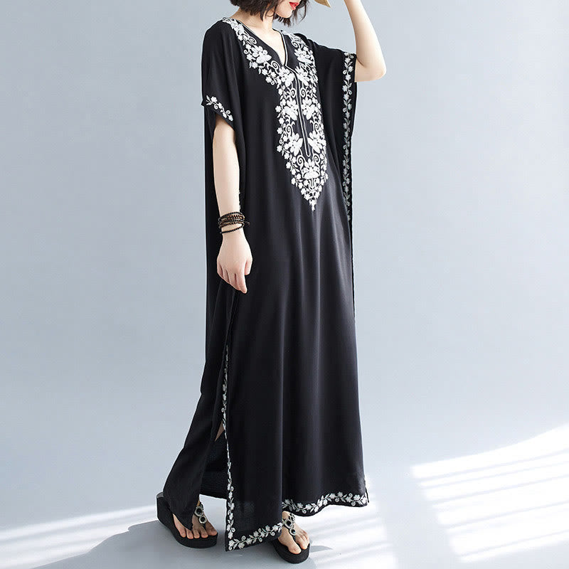 Buddha Stones Summer Embroidery Flower V-Neck Short Sleeve Maxi Dress - image 2