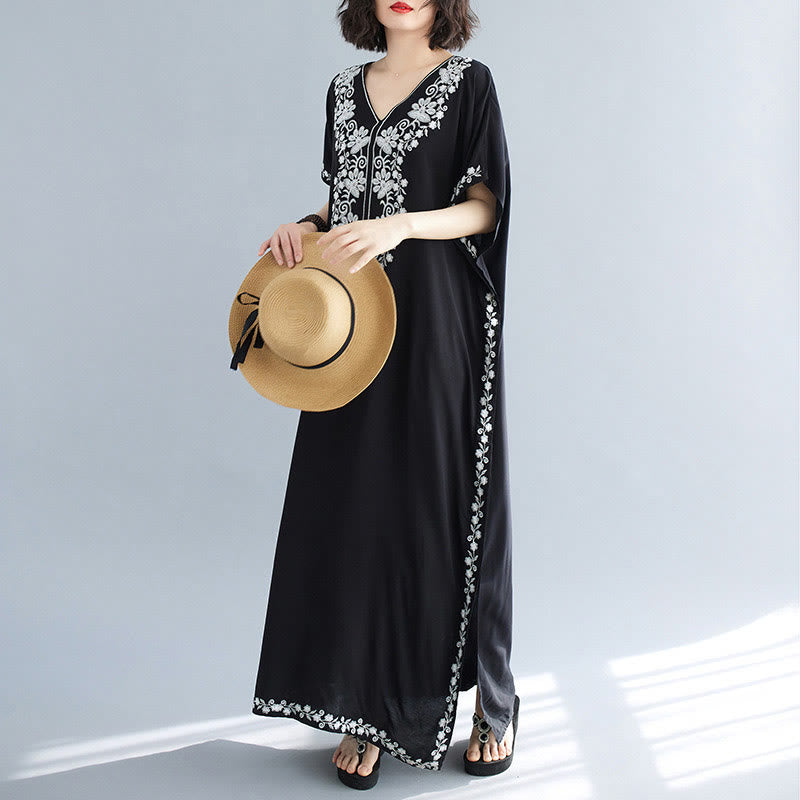 Buddha Stones Summer Embroidery Flower V-Neck Short Sleeve Maxi Dress - image 12