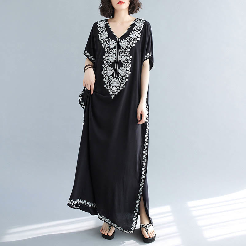 Buddha Stones Summer Embroidery Flower V-Neck Short Sleeve Maxi Dress - image 10