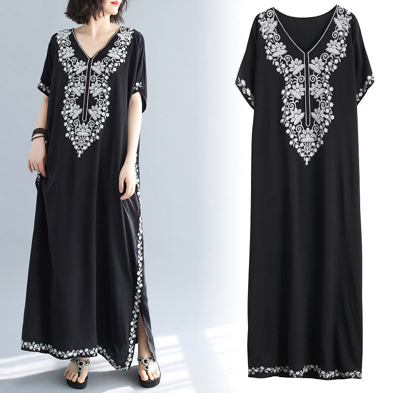 Buddha Stones Summer Embroidery Flower V-Neck Short Sleeve Maxi Dress