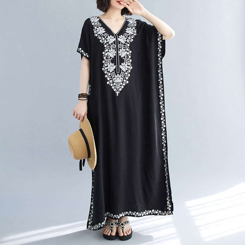 Buddha Stones Summer Embroidery Flower V-Neck Short Sleeve Maxi Dress - image 11