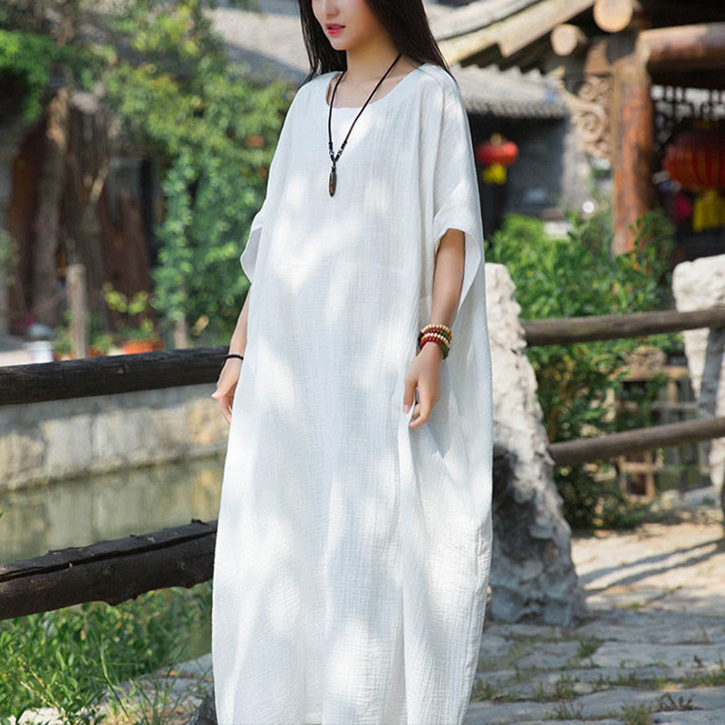 Buddha Stones Solid Color Loose Batwing Sleeve Maxi Dress With Pockets - image 3