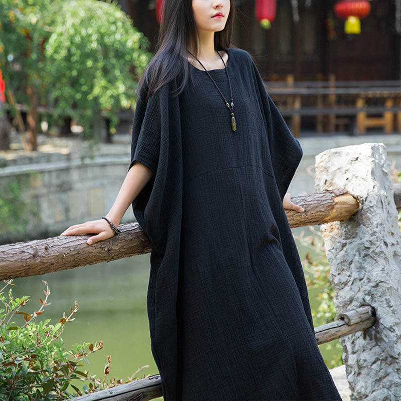 Buddha Stones Solid Color Loose Batwing Sleeve Maxi Dress With Pockets - image 19