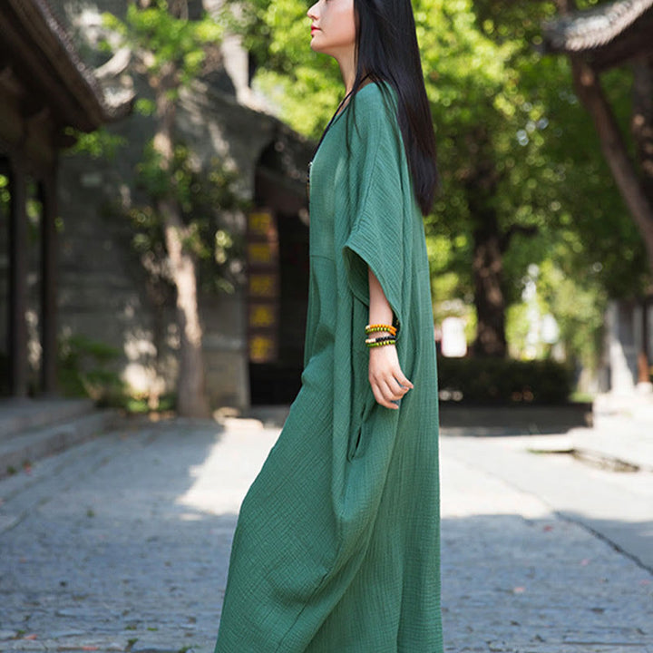 Buddha Stones Solid Color Loose Batwing Sleeve Maxi Dress With Pockets