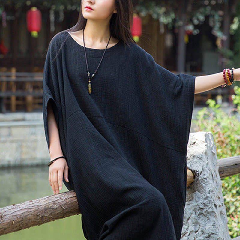 Buddha Stones Solid Color Loose Batwing Sleeve Maxi Dress With Pockets