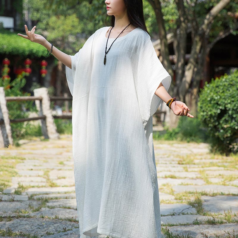 Buddha Stones Solid Color Loose Batwing Sleeve Maxi Dress With Pockets - White - F(Fit for US4-14; UK/AU8-18; EU36-46) - image 0