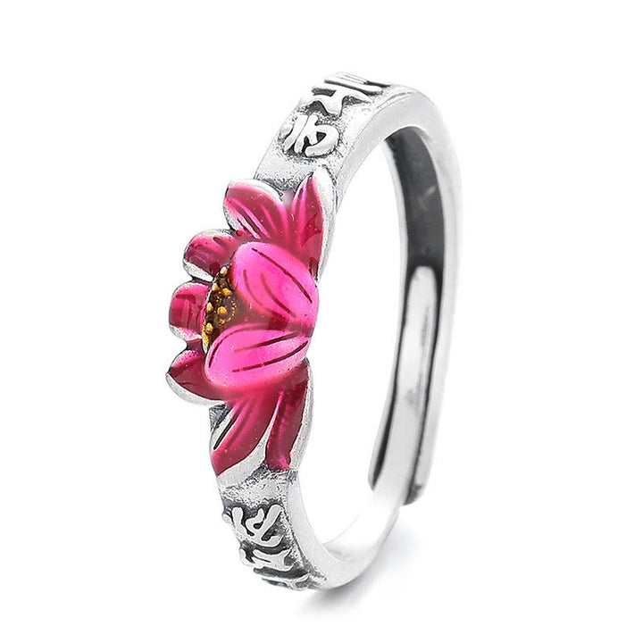 Buddha Stones 925 Sterling Silver Om Mani Padme Hum Lotus Relief Peace Ring - Red Lotus(Adjustable) - image 7