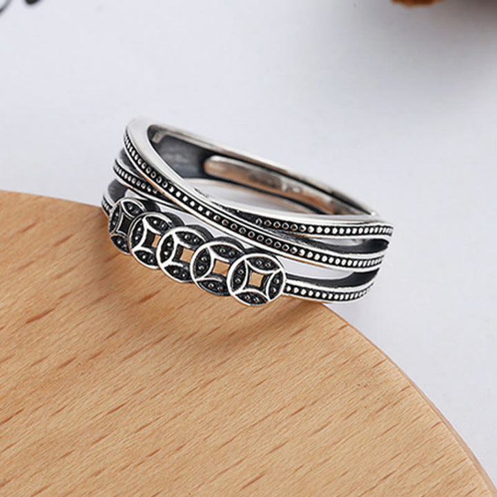 Buddha Stones 925 Sterling Silver Copper Coins Wealth Blessing Adjustable Ring - image 2