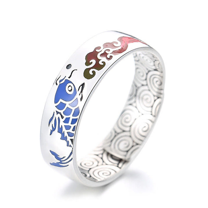 Buddha Stones 925 Sterling Silver Lucky Koi Fish Auspicious Clouds Wealth Ring