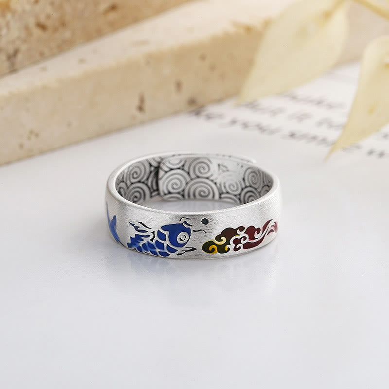 Buddha Stones 925 Sterling Silver Lucky Koi Fish Auspicious Clouds Wealth Ring - image 1