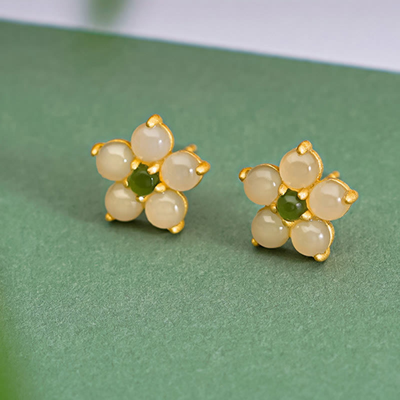 Buddha Stones 925 Sterling Silver Hetian Jade Luck Flower Stud Earrings - image 1