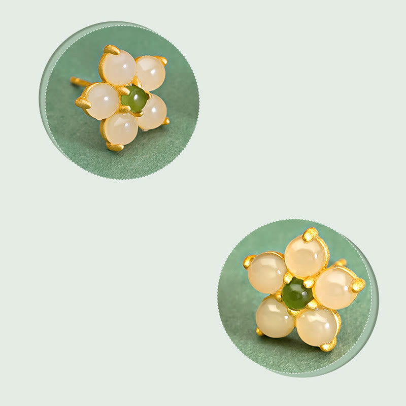 Buddha Stones 925 Sterling Silver Hetian Jade Luck Flower Stud Earrings