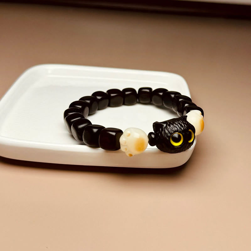 Buddha Stones Ebony Wood Cute Cat Bodhi Seed Paw Claw Peace Bracelet