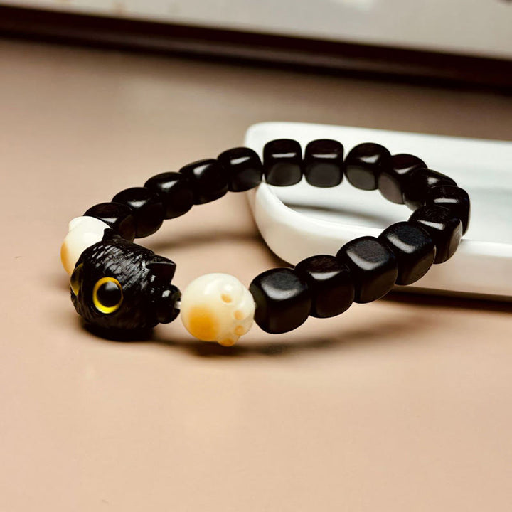 Buddha Stones Ebony Wood Cute Cat Bodhi Seed Paw Claw Peace Bracelet