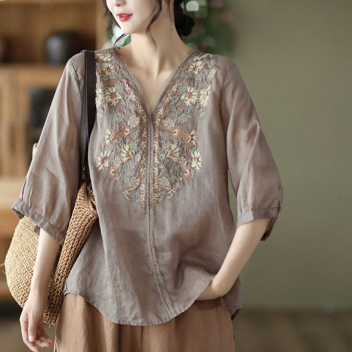 Buddha Stones Retro Embroidery V-Neck Design Half Sleeve Ramie Linen Shirt