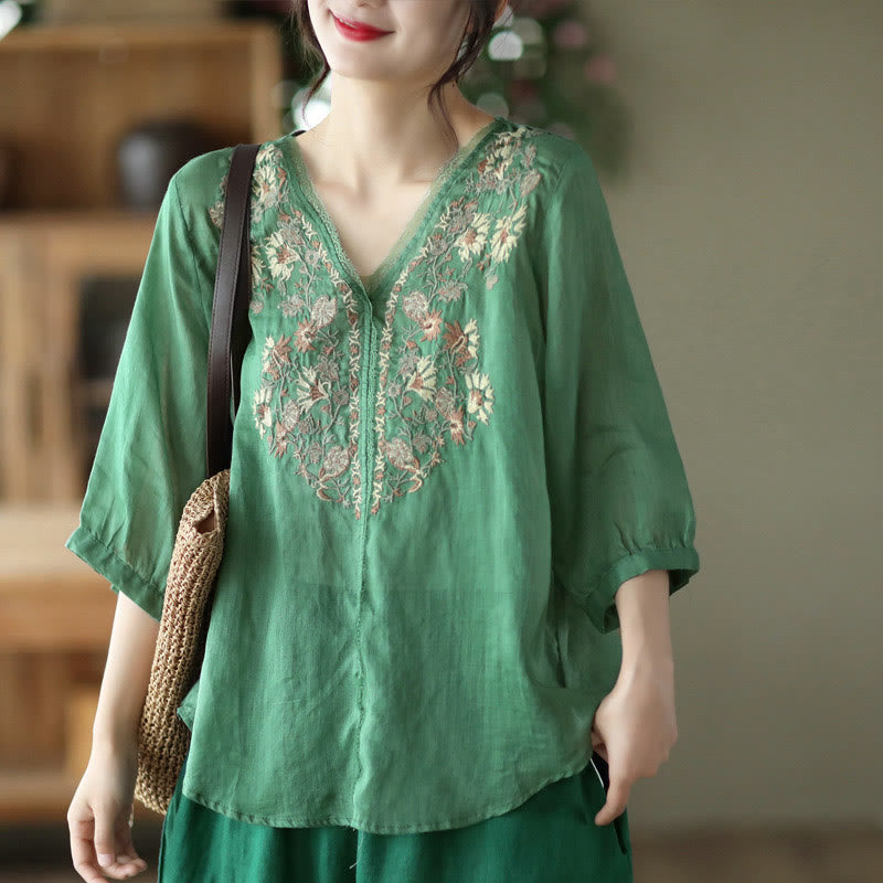 Buddha Stones Retro Embroidery V-Neck Design Half Sleeve Ramie Linen Shirt