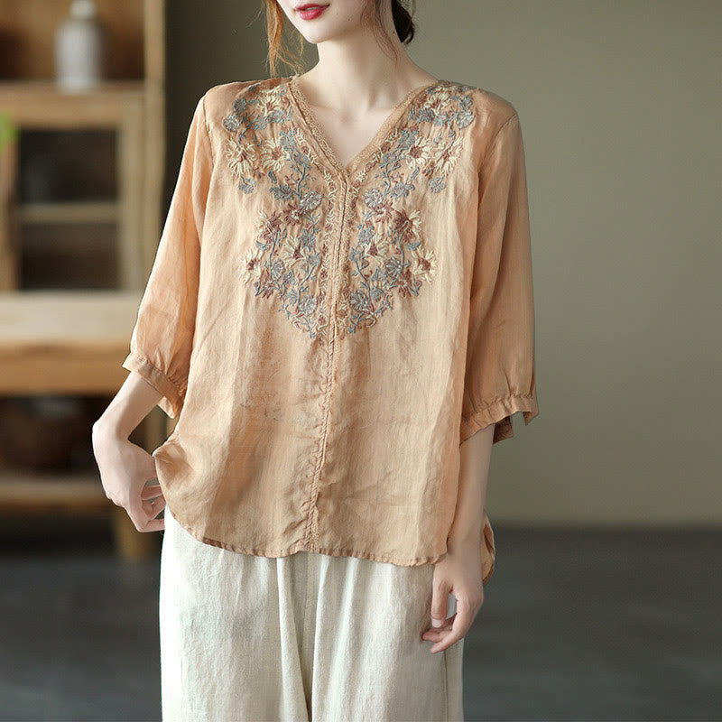 Buddha Stones Retro Embroidery V-Neck Design Half Sleeve Ramie Linen Shirt