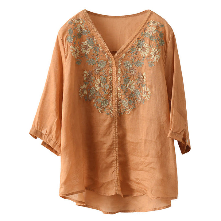 Buddha Stones Retro Embroidery V-Neck Design Half Sleeve Ramie Linen Shirt