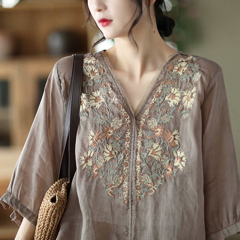 Buddha Stones Retro Embroidery V-Neck Design Half Sleeve Ramie Linen Shirt