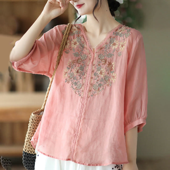 Buddha Stones Retro Embroidery V-Neck Design Half Sleeve Ramie Linen Shirt