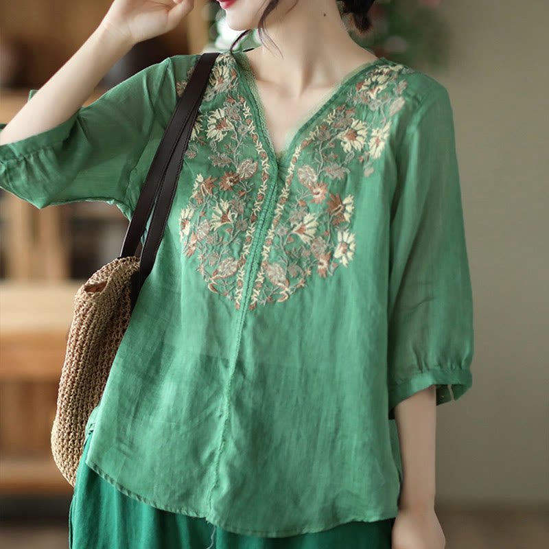 Buddha Stones Retro Embroidery V-Neck Design Half Sleeve Ramie Linen Shirt