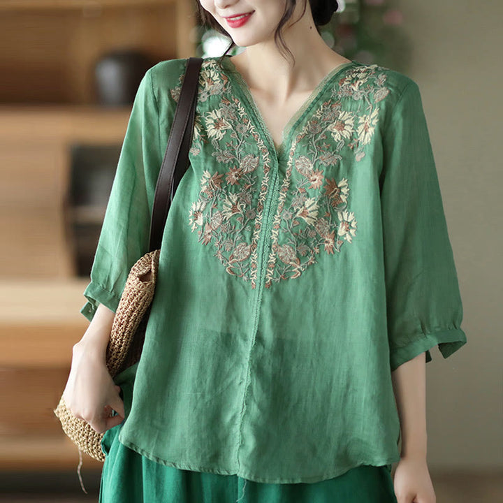 Buddha Stones Retro Embroidery V-Neck Design Half Sleeve Ramie Linen Shirt