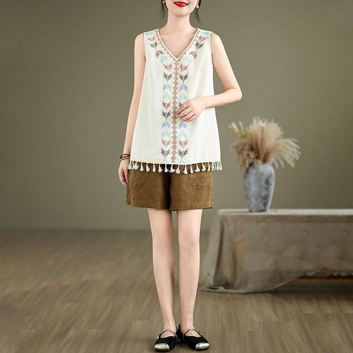 Buddha Stones Retro Embroidery V-Neck Tassel Tank Top - image 14