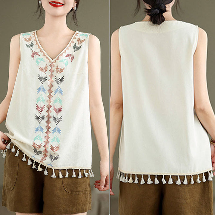 Buddha Stones Retro Embroidery V-Neck Tassel Tank Top