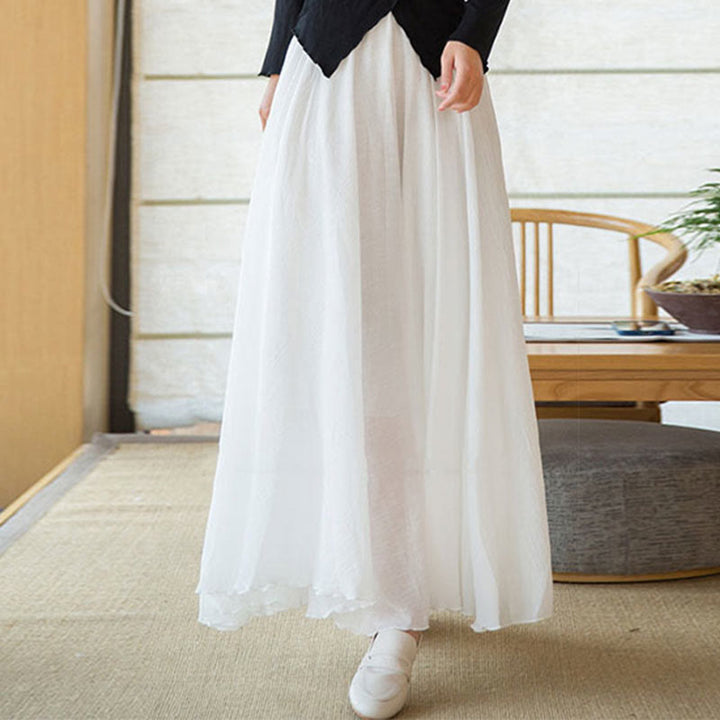 Buddha Stones Solid Color Elastic High Waist Linen Skirt