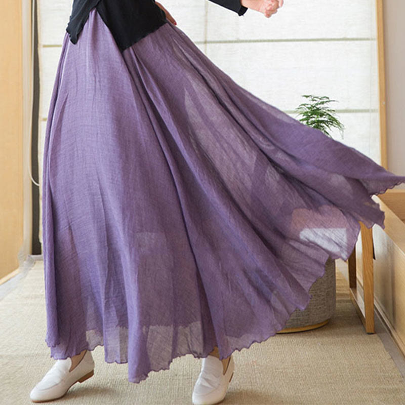 Buddha Stones Solid Color Elastic High Waist Linen Skirt - image 14