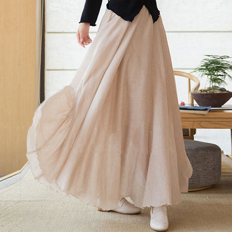 Buddha Stones Solid Color Elastic High Waist Linen Skirt