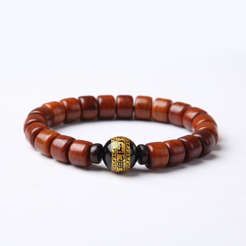 Buddha Stones Tibetan Yak Bone Three-Eyed Dzi Bead Sheep Horn Red Agate Strength Bracelet