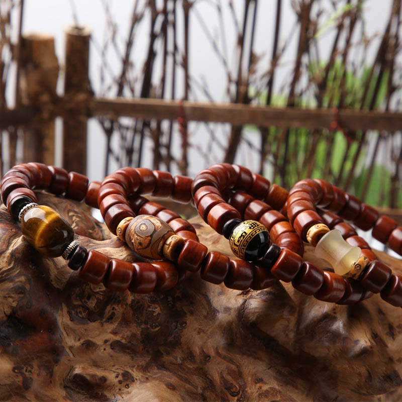 Buddha Stones Tibetan Yak Bone Three-Eyed Dzi Bead Sheep Horn Red Agate Strength Bracelet