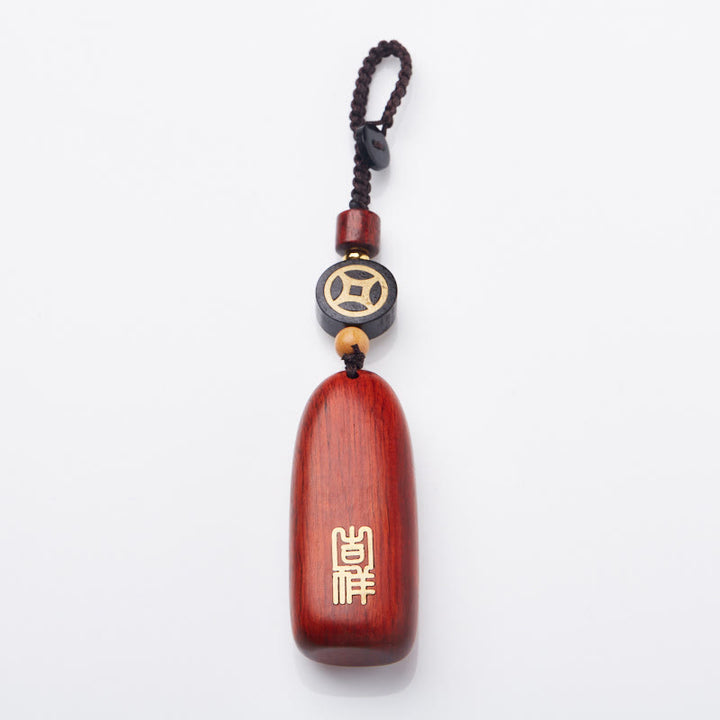 Buddha Stones Small Leaf Red Sandalwood Ebony Wood Peace Auspicious Copper Coin Protection Key Chain