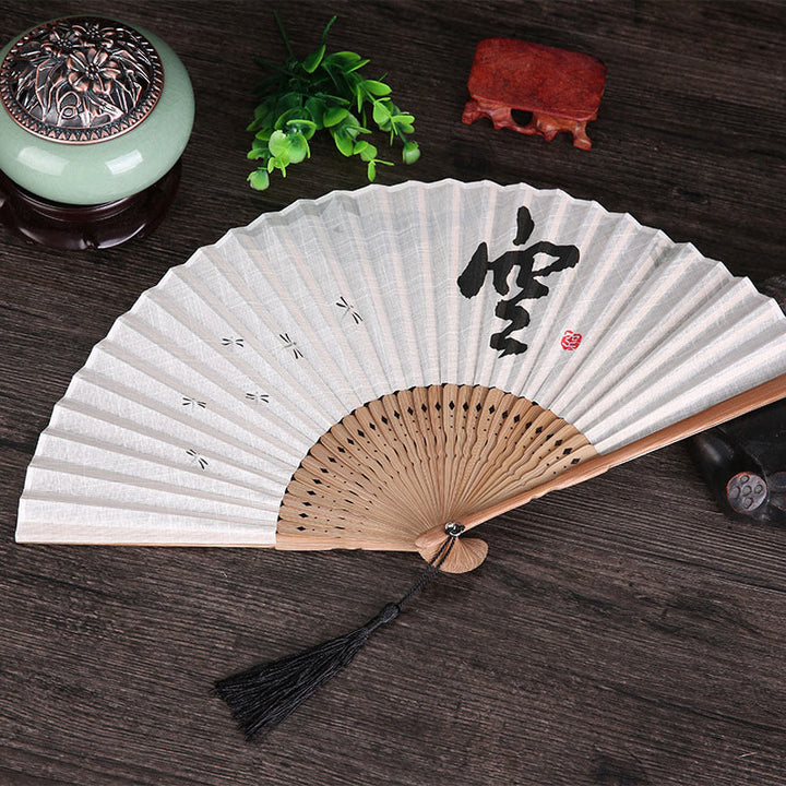 Buddha Stones Chinese Characters Golden Dragonfly Handheld Cotton Linen Bamboo Folding Fan 22cm