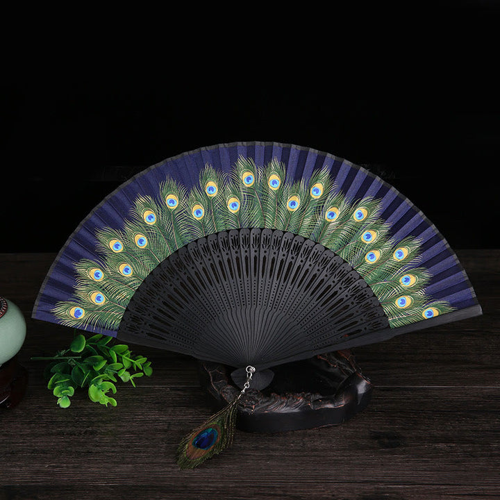 Buddha Stones Peacock Feather Handheld Bamboo Folding Fan 21.5cm