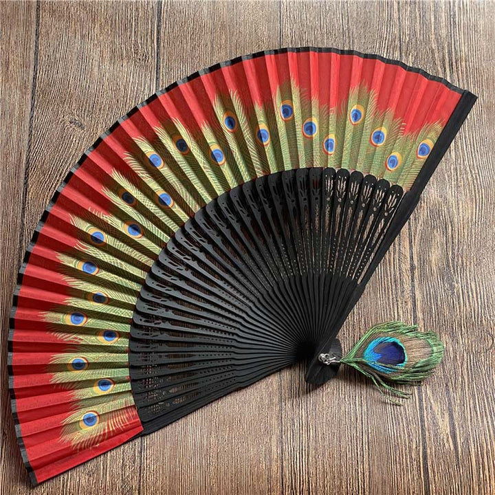 Buddha Stones Peacock Feather Handheld Bamboo Folding Fan 21.5cm