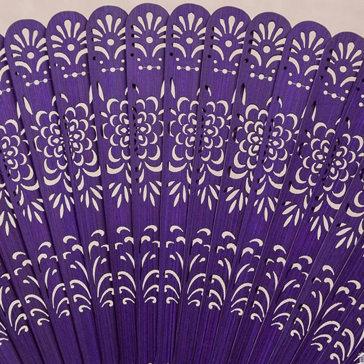 Buddha Stones Flower Engraved Hollow Handheld Bamboo Folding Fan 18cm