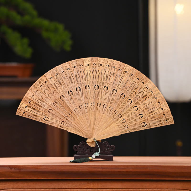 Buddha Stones Peacock Feather Carved Hollow Handheld Small Leaf Red Sandalwood Green Sandalwood Folding Fan 22.5cm