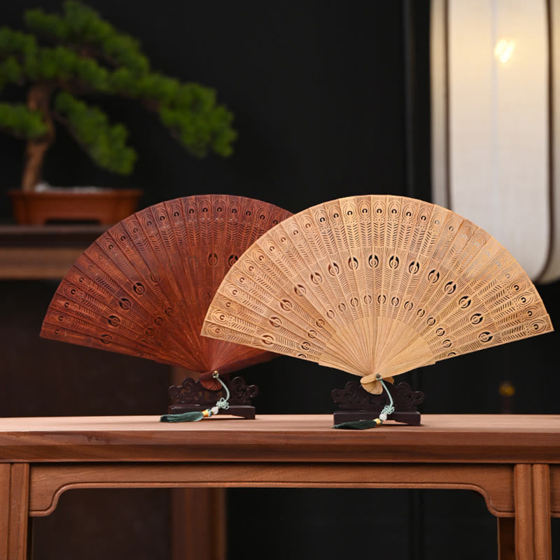 Buddha Stones Peacock Feather Carved Hollow Handheld Small Leaf Red Sandalwood Green Sandalwood Folding Fan 22.5cm