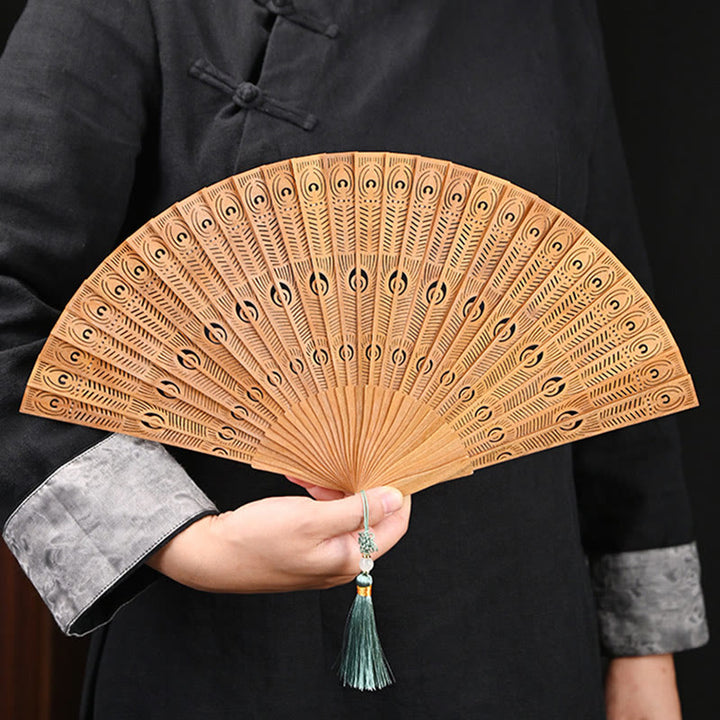 Buddha Stones Peacock Feather Carved Hollow Handheld Small Leaf Red Sandalwood Green Sandalwood Folding Fan 22.5cm